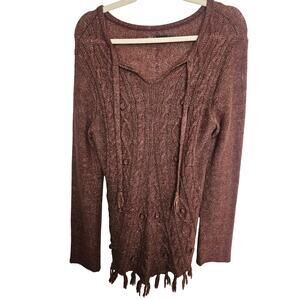 Prana Womens Shelby Wool Cable Knit Fringe Sweater Size L Boho Hippie Casual